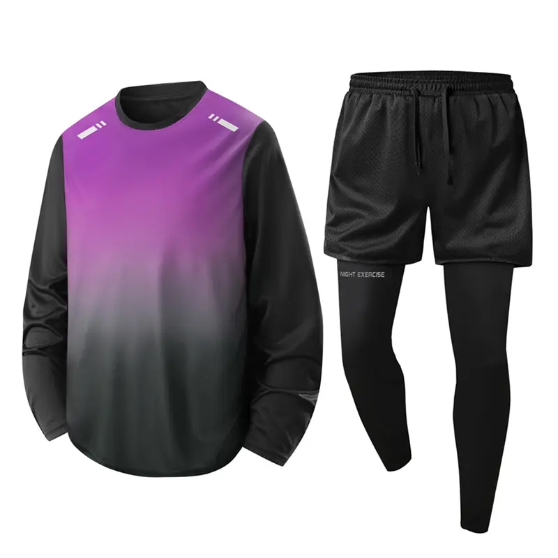 Men's 3-Piece Quick Dry Running Set | Reflective Night Exercise Sports Tracksuit | Purple Gradient Shirt & Compression Leggings