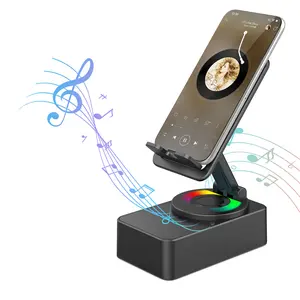Upgraded 5in1 Wireless Bluetooth Speaker Phone Holder - Colorful Light Spinning Foldable Emergency Charging for Tablet IOS Android, Gift for Men Women Smartphone Cellphone Audio