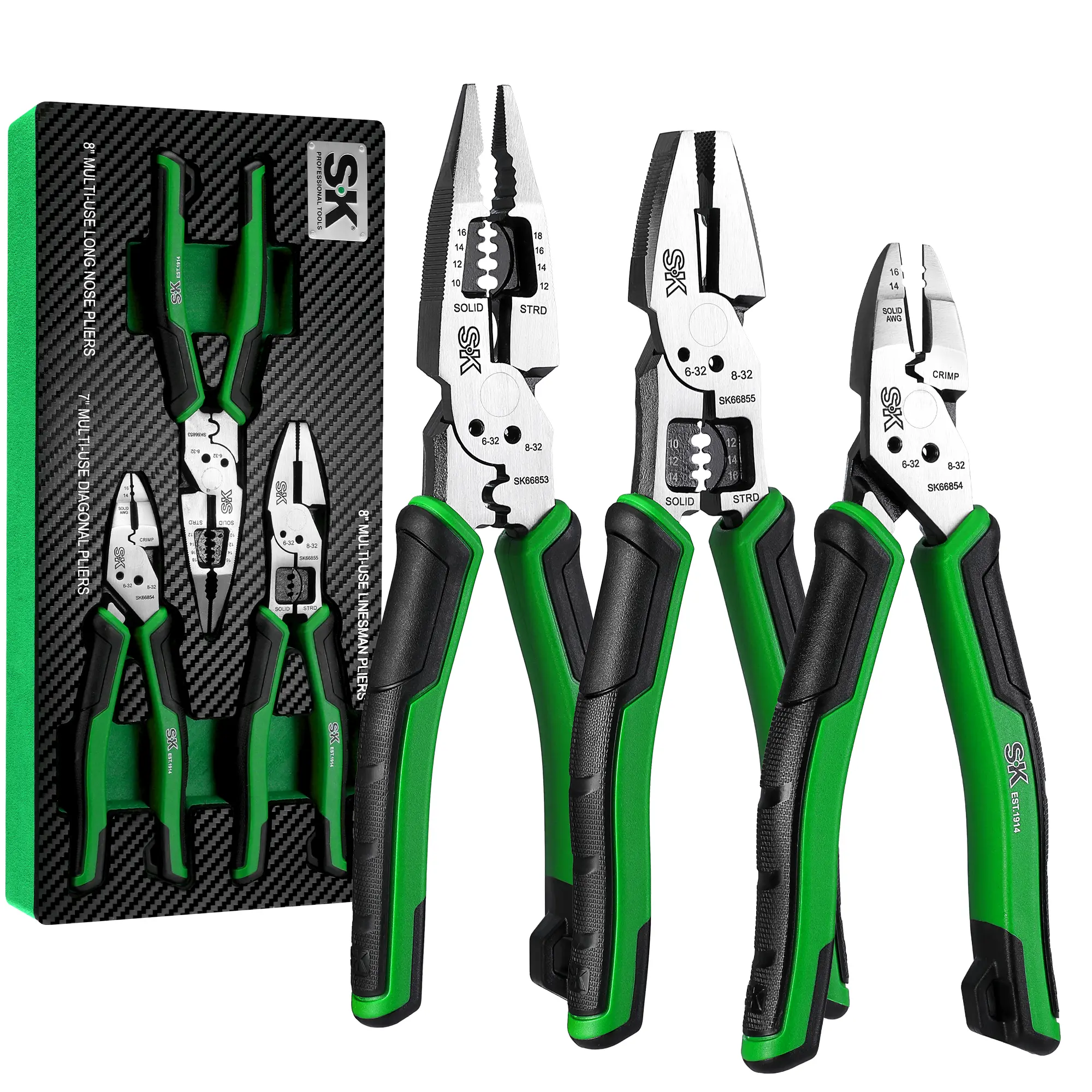 #summersale SK 3-Piece Multi-use Pliers Set, 7-Inch Diagonal Plier, 8-Inch Noodle Nose and Linesman Pliers, CR-V Construction, Anti-slip Handle, with EVA Foam Tool Organizer