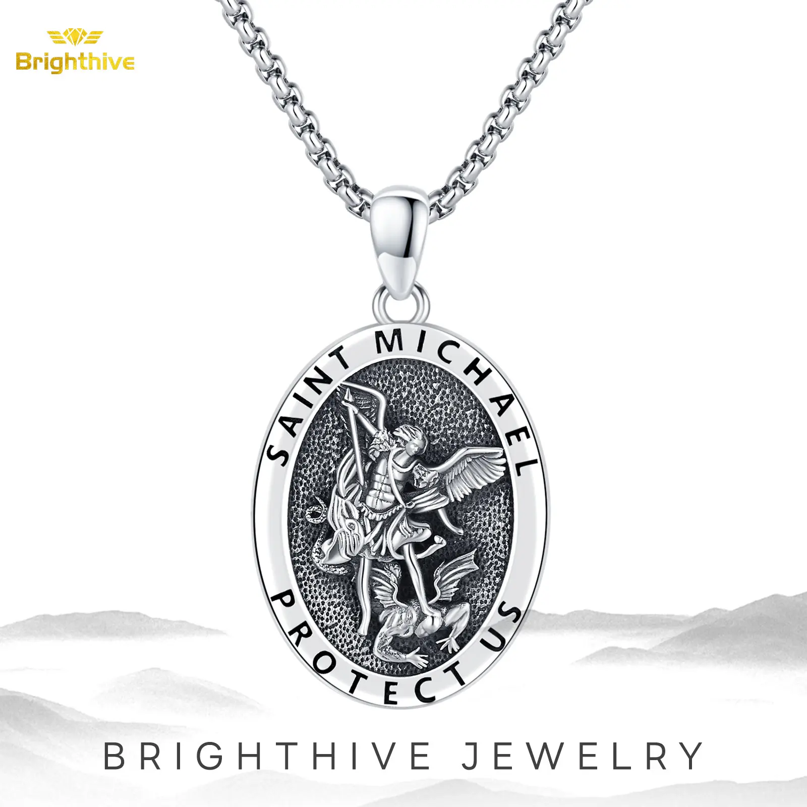 Brighthive S925 Sterling Silver Saint Michael Necklace, Unisex Religious Pendant with Archangel Medal, Christian Jewelry for Daily Wear