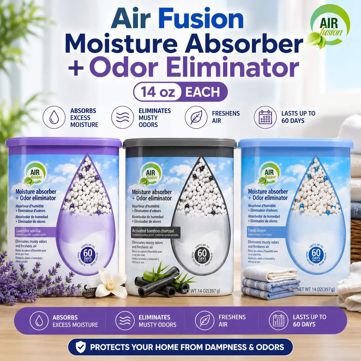 Air Fusion Moisture Absorber & Odor Eliminator 14oz, Fresh Linen, Lavender Vanilla, Activated Bamboo Charcoal