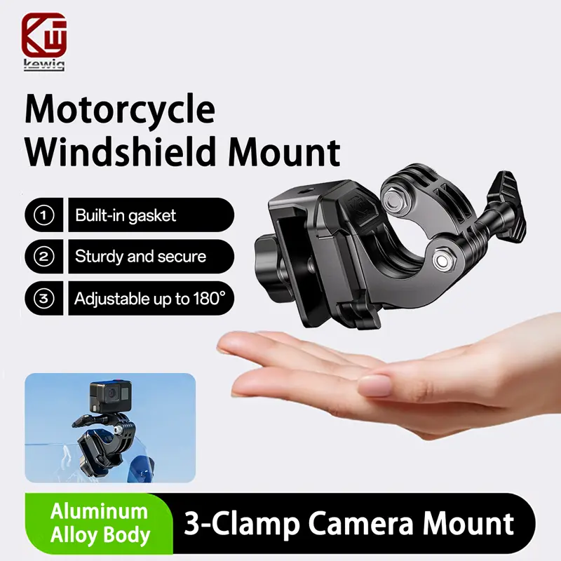 KEWIG Motorcycle Windshield Camera Mount for GoPro & Action Cameras - Aluminium Alloy Clip Base with Allen Wrench, 8mm 180° Adjustable Angle TPU Adapter, Mini Tripod Mount with Soft Pads Guard, Stable Motovlog Gear Accessory
