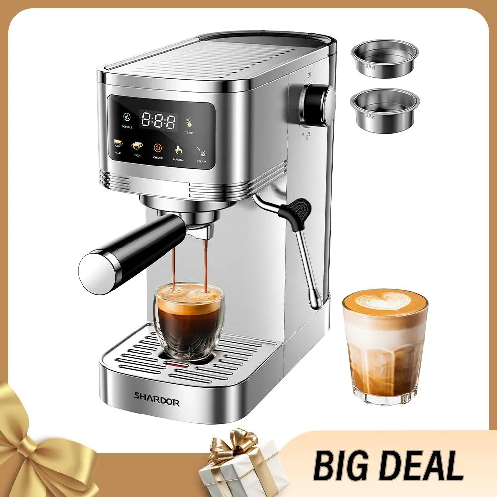 SHARDOR 20-Bar Pressure Stainless Steel Coffee Machine - Professional Espresso Maker with Touchscreen Temperature Control, 2-in-1 Milk Frother, Compact Small Footprint, US Plug for At-Home Barista-Quality Coffee