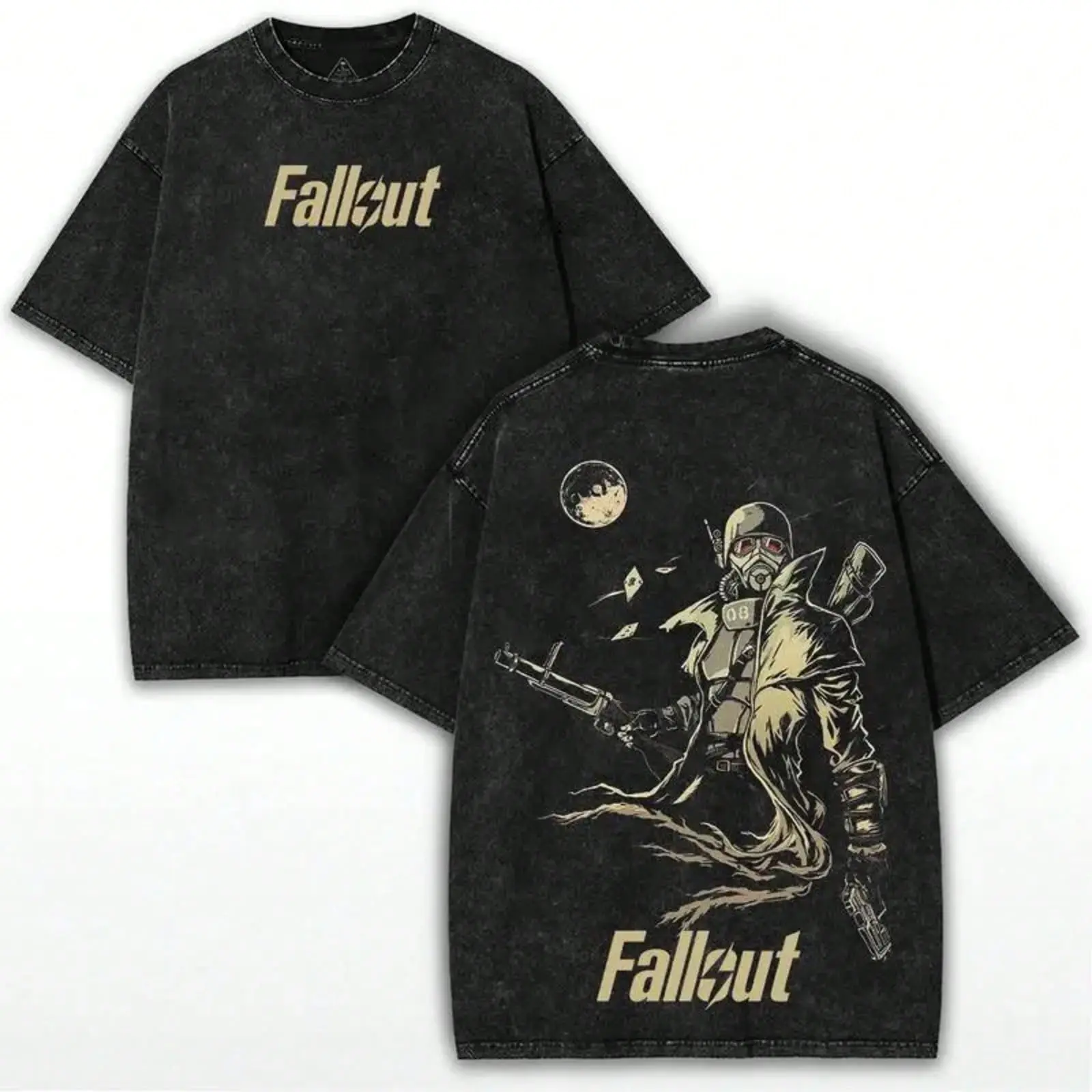 Retro Vintage Graphic Tee, Fallout Atomic Wasteland Design, Heavyweight Washed Drop Shoulder Oversized Tee, Y2K Streetwear for Concert & Holiday