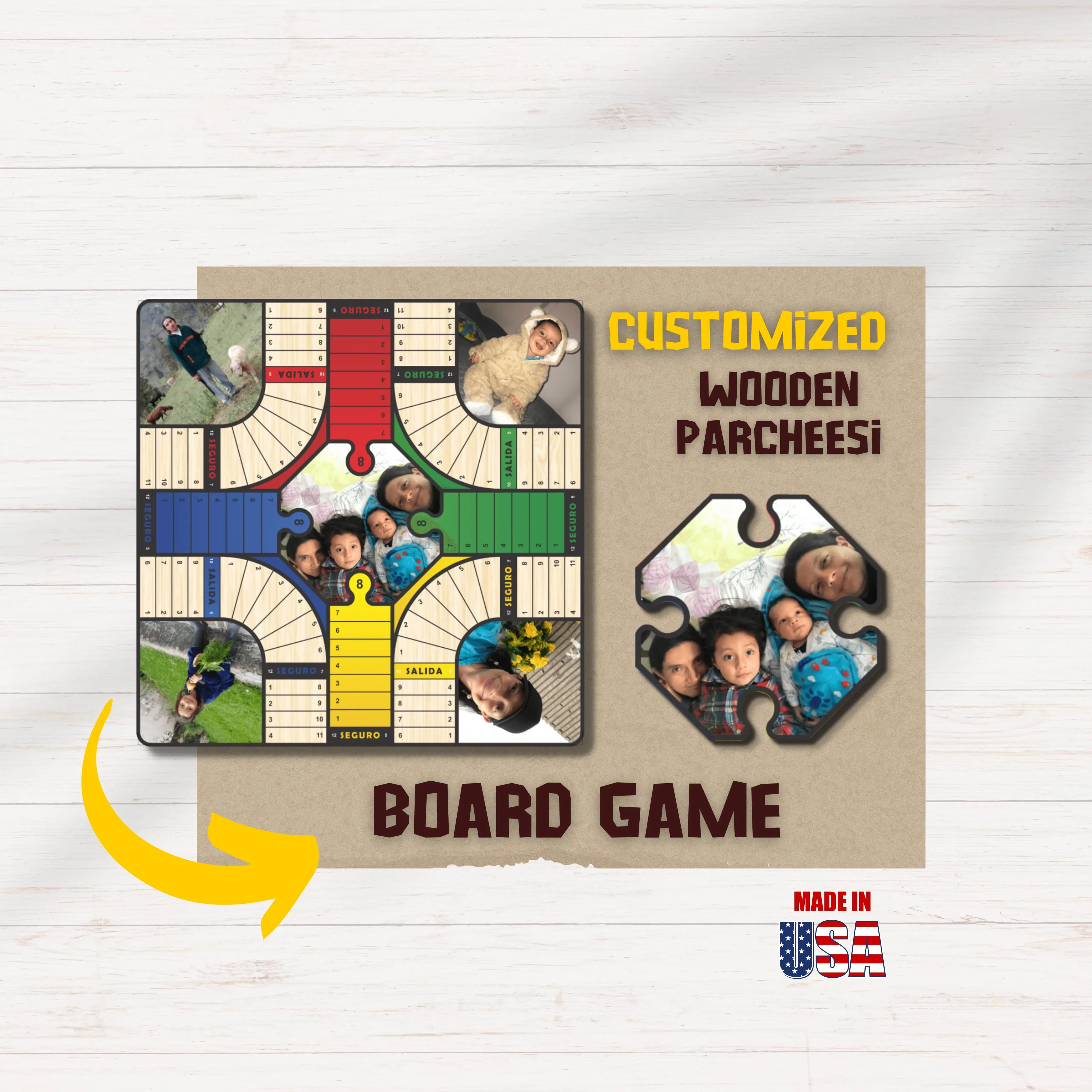 Personalized Wooden Parcheesi Board Game With Pictures - 4 Players