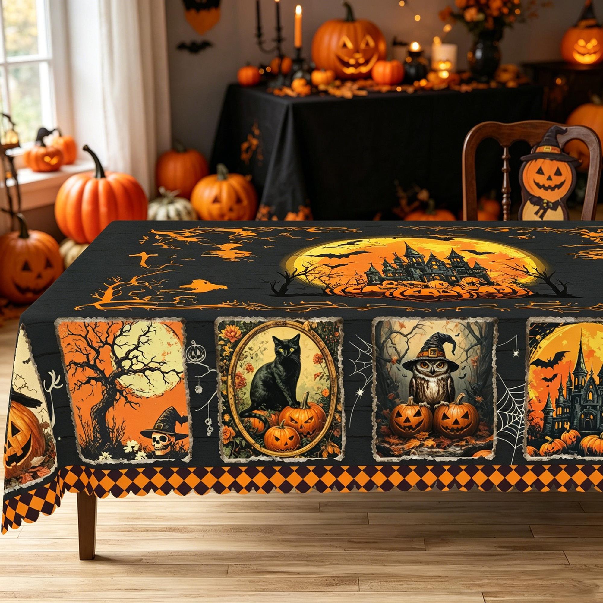 BOOPBEEP Halloween Printed Tablecloth - Vintage Farmhouse Style, Pumpkin & Black Cat Patterns, Rectangular/Round Dining/Kitchen Cover, Nostalgic Halloween Decor, Brunches Indoors Use, Holiday Gift, Pumpkin Ghost Pattern Kitchen Linen Sets, Decoration, Ind