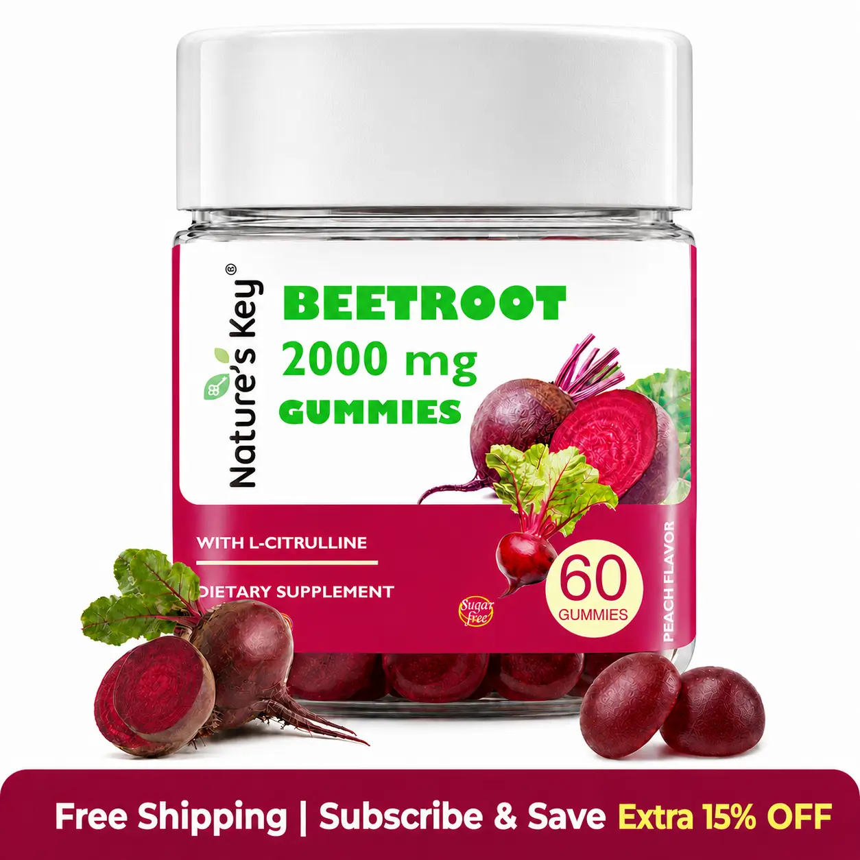 [back to school] Nature's Key Beets Cardio Gummy, Beet Root Extract2000mg，60 Beetroot Gummies with Hawthorn Berry for Blood Flow & Heart Health, Sugar Free, Gluten-Free, Daily Wellness Supplement