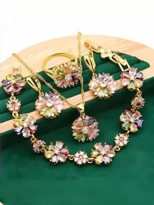 Flower Jewelry Set for Women, Elegant Necklace Earrings Ring Bracelet Gift, Trendy Party & Daily Accessories, Feminine Chic Style