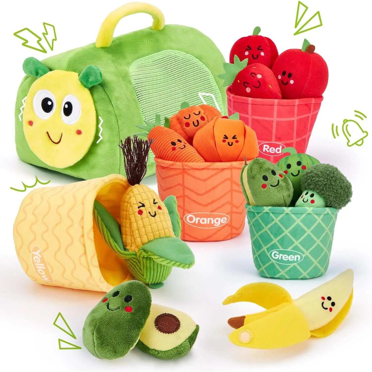 17-Piece Color Sorting Plush Fruit & Veggie Toy Set for 1-Year-Olds - Caterpillar Storage Bag, Sensory Early Education Baby Toys for 6-9-12 Months, Easter Basket Stuffers, 1 Year Old - 17 Pcs