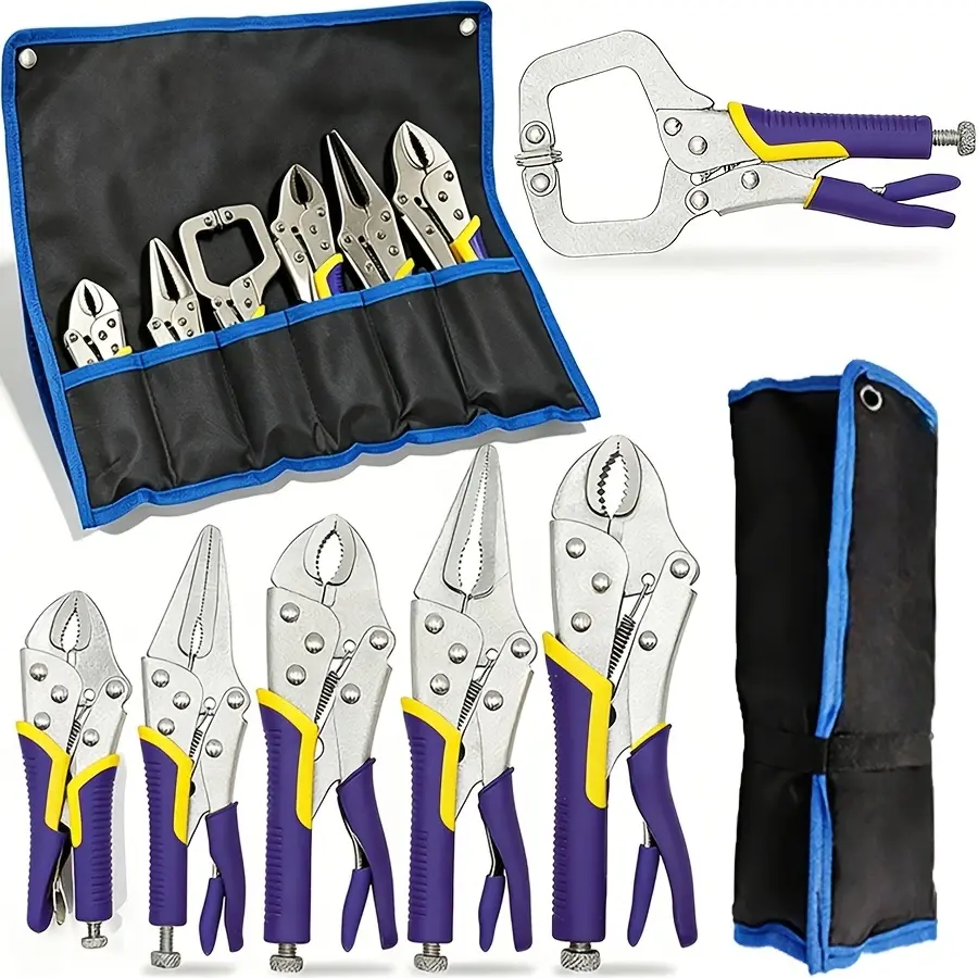 Vice Grips Pliers Set, 6-Piece Locking Pliers Set, 6-1/2”, 9-1/2” Needle Nose Vice Grips, 5”, 7” and 10” Curved Jaw Vise Grip, 6” C-clamp Locking Pliers, Fast Release with Rolling Pouch