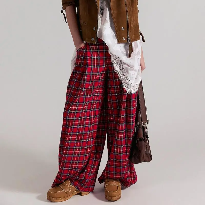 Women American Retro Straight Leg Pants Y2k  Harajuku Baggy Wide Leg Trousers Female Casual Grunge Red Plaid Slacks