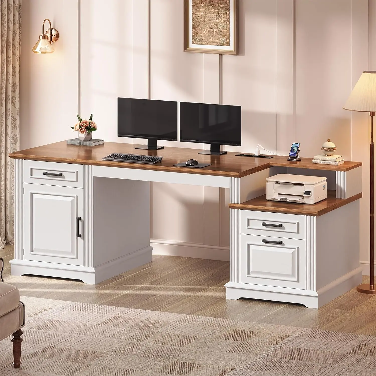 SEDETA 62 Inch Farmhouse Executive Desk Home Office Desk with 3 Drawers and Storage Cabinet Computer Desk with Power Outlet for Home Office SEDETA 62 Inch Farmhouse Executive Desk Home Office Desk with 3 Drawers and Storage Cabinet Computer Desk with Power Outlet for Home Office