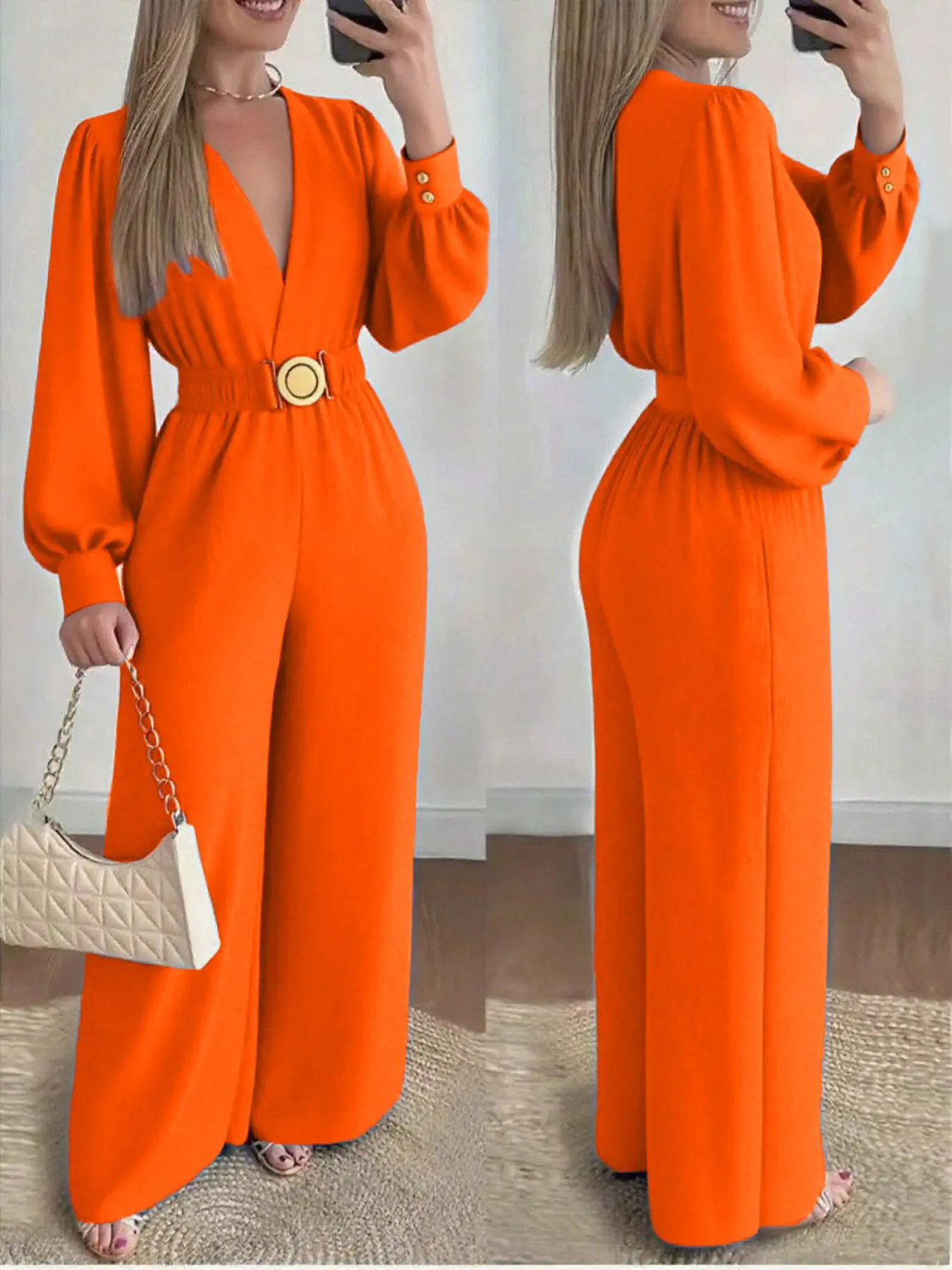 Women's V-Neck Romper, Elegant Office Style, Lantern Long Sleeve, Waist Belt, Wide Leg Pants, Comfortable Fabric, Fit, Seasonal Wear, Professional