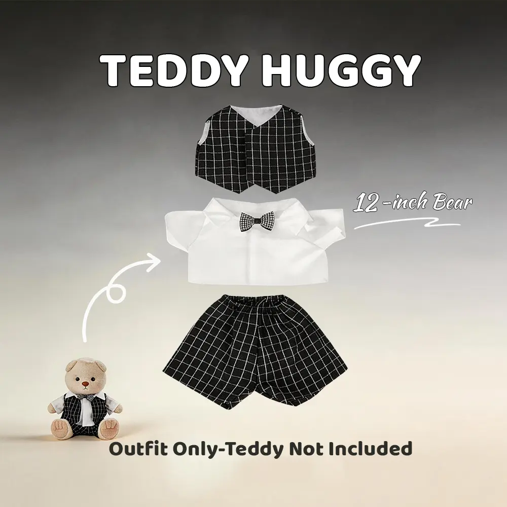 TEDDY HUGGY Cute Teddy Bear Series - Black Plaid Suit Three-Piece Set Paired with a Cute Teddy Bear - 12 Inches Tall - Soft Plush Toy with Movable Joints - The Perfect Gift for Any Age.