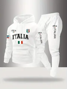 Men's Sleepwear Set Hoodie Long Sleeve & Elastic Waist Pants, Soft Warm Cozy Casual Fitted Loungewear, Functional Pockets, Letter Print, Multiple Colors Available, Pajamas Sleep Sets, Casual Pajamas Outfit