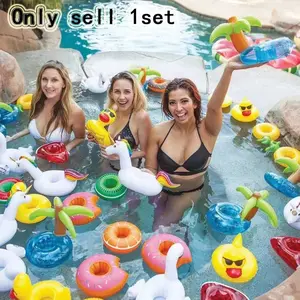 1 Set Summer Party Inflatable Props - Flamingo, Donut, Lemon, Watermelon, Pineapple, Crab, Heart-Shaped Cup Holder Inflatable Water Cup Mat