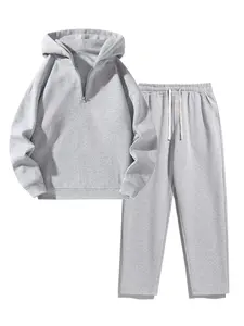 Unisex Fitted Two-Piece Sweatshirt Set with Half-Zip Hoodie & Loose Pants in Minimalist Solid Color Knit Fabric for Everyday Casual Sports