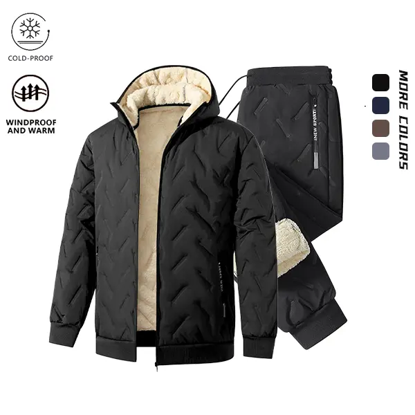 Men's Fleece Lined Quilted Tracksuit, Hooded Jacket & Jogger Pants 2 Piece Winter Set, Cold-Proof Windproof Outfit, 4 Color Options