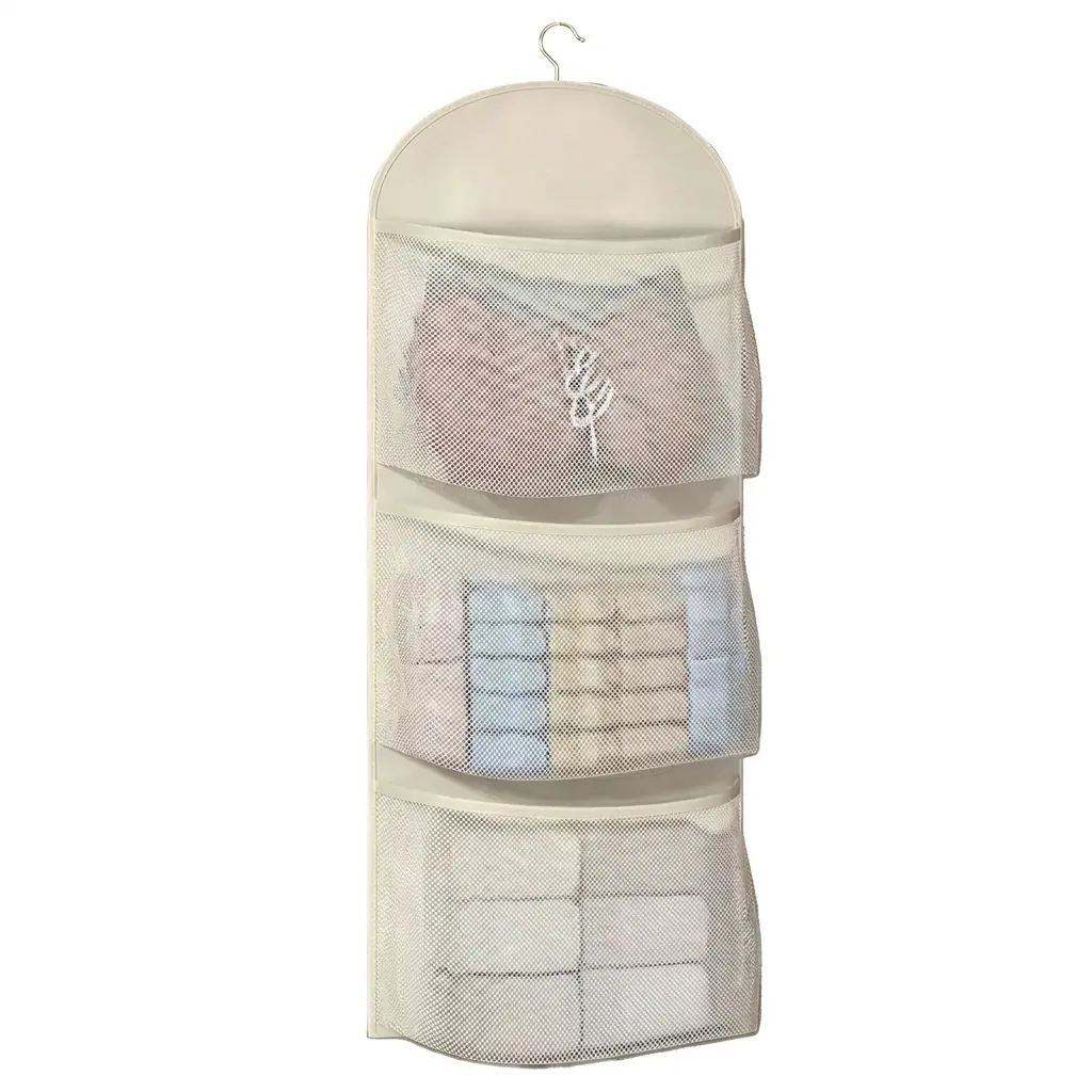 Hangable Cute Panda Mesh Fabric Storage Bag - 1 Piece, 3-Pocket Breathable Organizer with Metal Hook for Wardrobe Underwear Socks Small Clothes