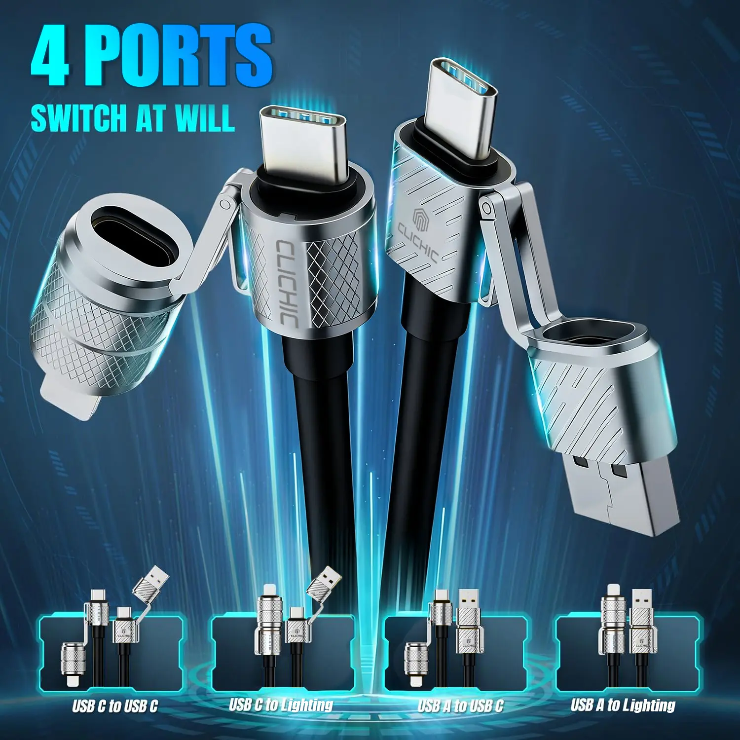 4-in-1 Fast Charging Cable - Single Cable for iPhone, Samsung, MacBook, USB-C/Lightning Compatibility, Up to 240W, 480Mbps Data Sync, Ideal for Travel & Home (iPhone-Compatible Chargers Included)
