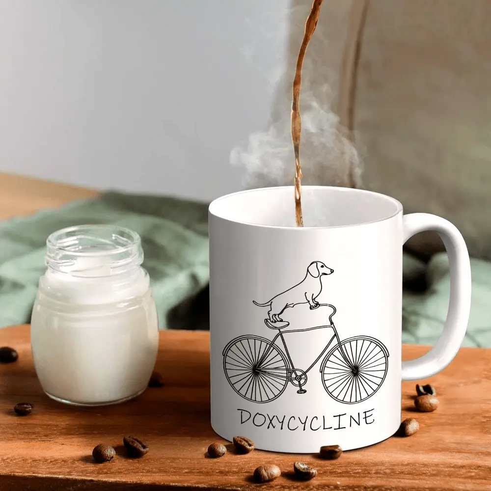 11oz Ceramic Pharmacy Coffee Mug with Funny Dog & Bicycle Design – Perfect Gift for Pharmacy Technicians, Veterinary Staff, and Healthcare Professionals, Pharmacy Themed Gifts