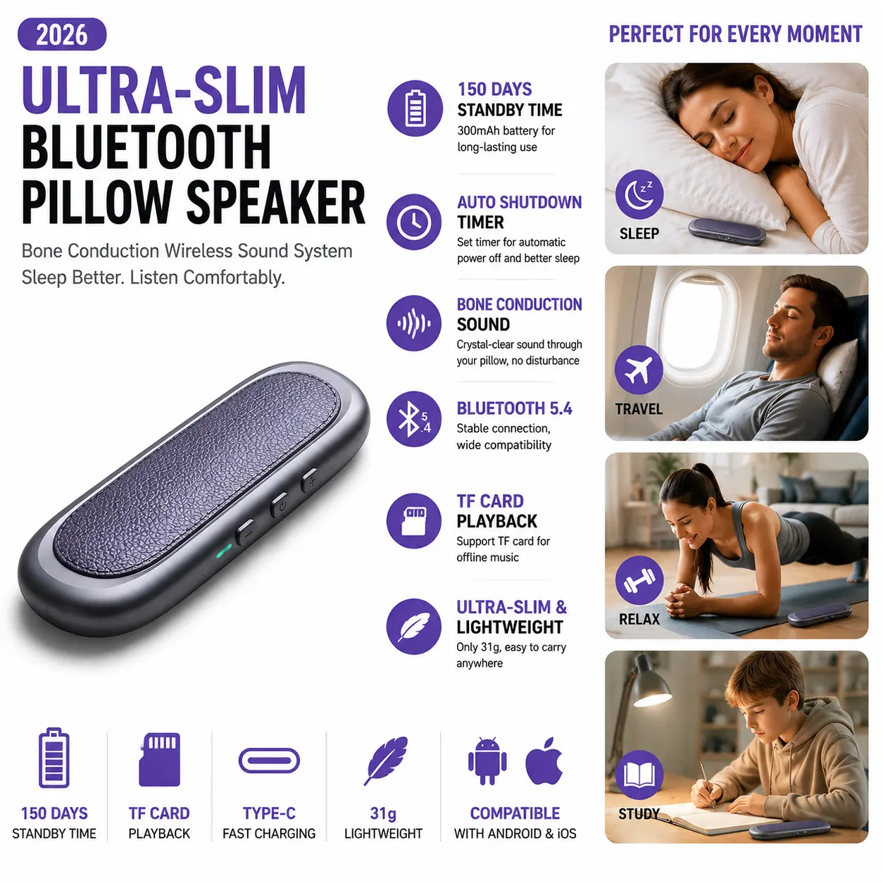 2026 Ultra-Slim Bluetooth 5.4 Pillow Speaker - 31g Bone Conduction Audios Device, Built-in Batteries Portable Rechargeable Sleep Aid, Mobile Compatible Wireless Music Player with TF Card & USB Type-C, Ideal Gift for Travel, Sound Upgrade, 11.3 * 3.6 * 1.3