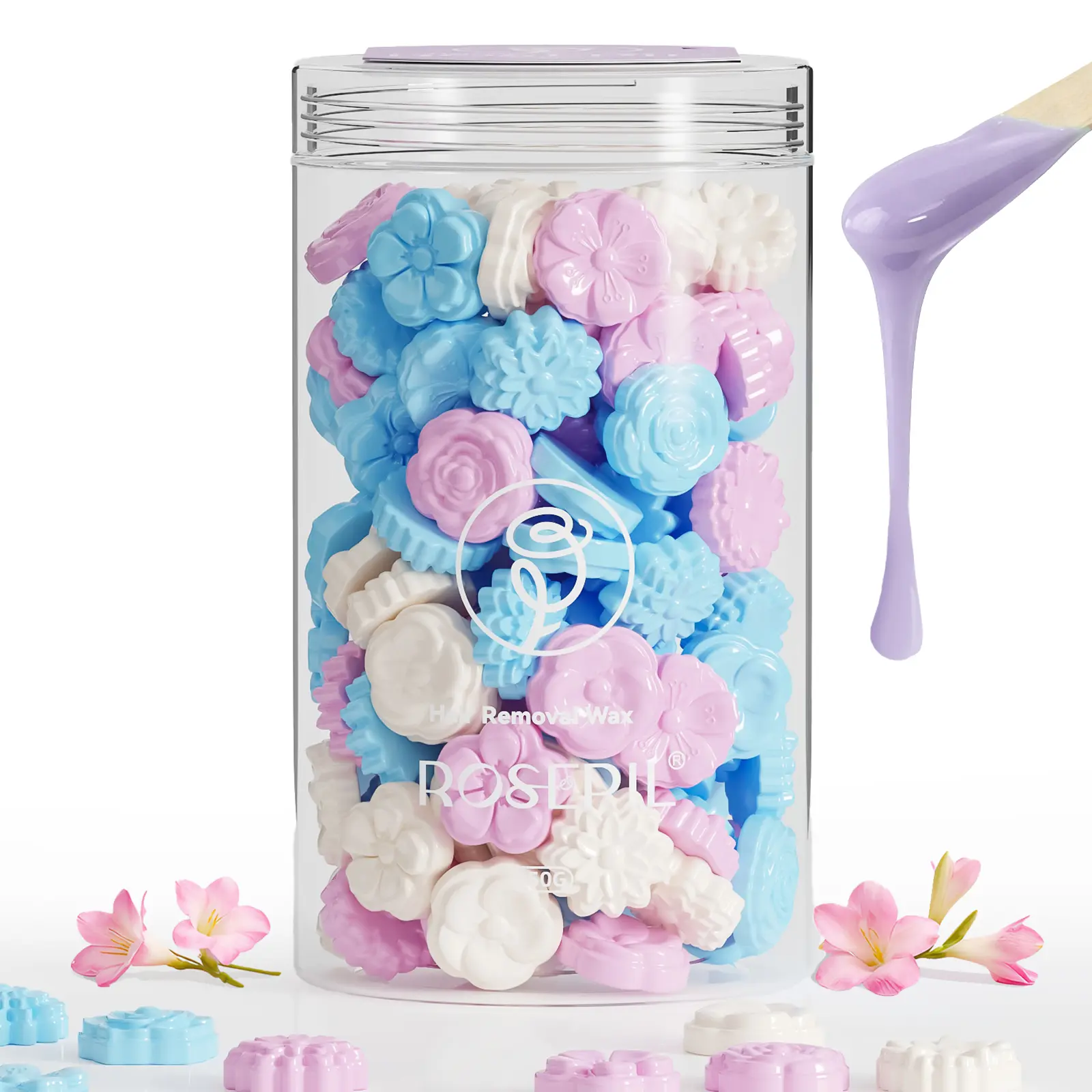 ROSEPIL Flower Shaped 1LB Hard Wax Beads with Color Changing Effect & Gentle Floral Scent 7 Unique Designs for All Body Hair Removal At Home Waxing Kit Refill for Face Bikini Arms Legs for Women and Men Body Hair Remover Body Care