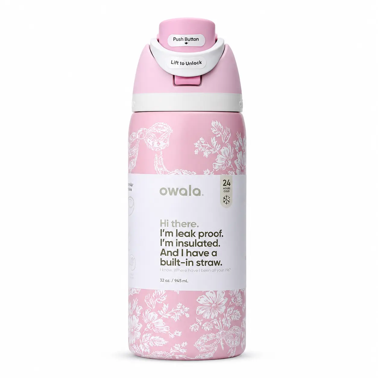 32oz Stylish Pink Paisley Floral Owala Water Bottle, Portable Reusable FreeSip Vacuum-Insulated Stainless Steel Leak-Proof Straw Lid Cup for Girls, Gym, Travel & Cold Drinks