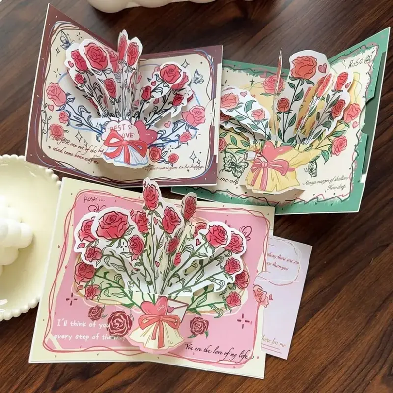 Surprise 3D Pop-Up Greeting Card with Heart-Shaped Envelope, Valentine's Day Card, Rose Blessing Card, Gift for Wife or Girlfriend