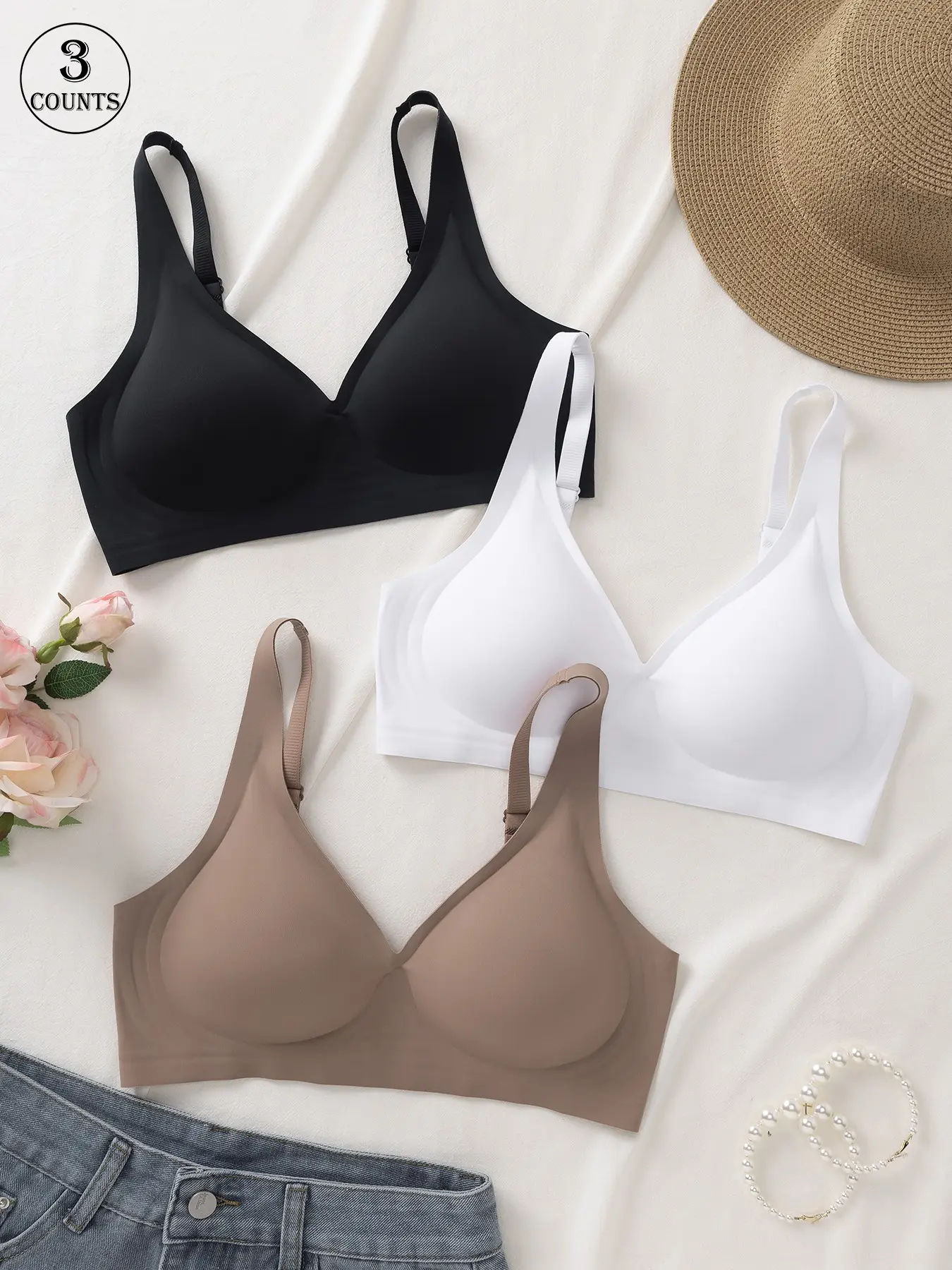 2-Pack or 3-Pack Women's Seamless Wireless V-Neck Everyday Bras, Adjustable Straps, Removable Pads, Supportive Women's Underwear, Sizes S-3XL (5 Colors)
