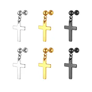 Cross Dangle Hoop Earring Dumbbell Cross Stainless Steel Earrings for Men & Women Religous Jewelry