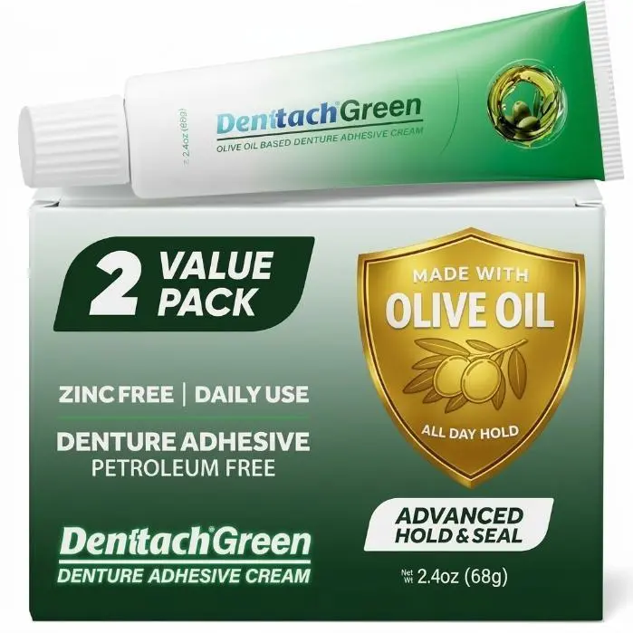 Denttach Green Denture Adhesive, Petroleum Free Olive Oil Based Denture Cream for Full and Partial Dentures, All Day Secure Hold Premium Denture Glue, Zinc Free, 2.4 Ounce(2 PACK)