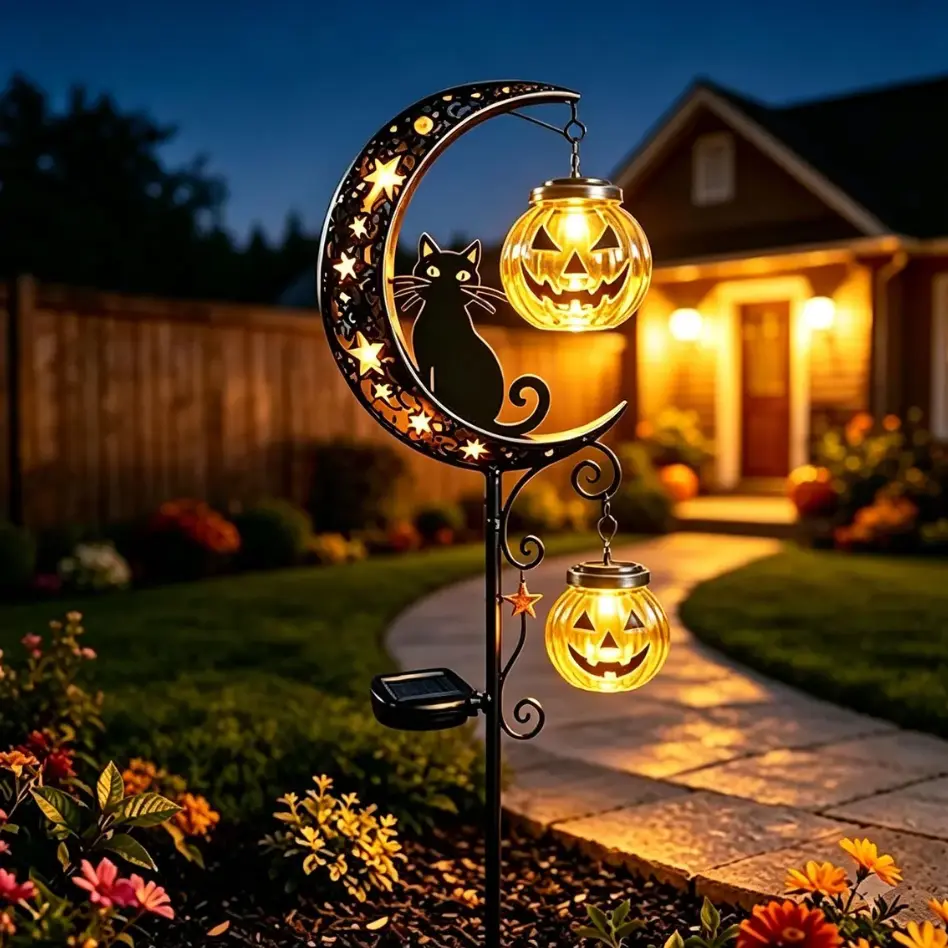 Solar Halloween Garden Stake Light - Waterproof LED Crescent Moon Cat Decor with Glowing Pumpkin Lanterns for Lawn, Garden, Fall Halloween Ornament Gift