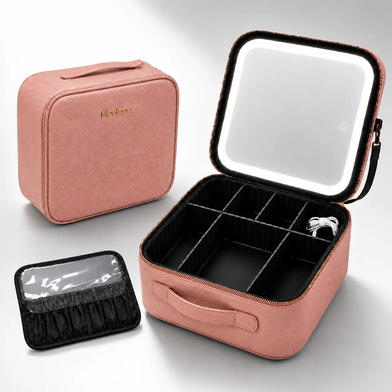 Women's LED Makeup Case with Mirror - Portable Touch-Light Cosmetic Storage Box, Brush Holder, Divided Compartments, Handle, Pink Travel/Home Vanity Makeup Bag with Bonus Toiletry Pouch
