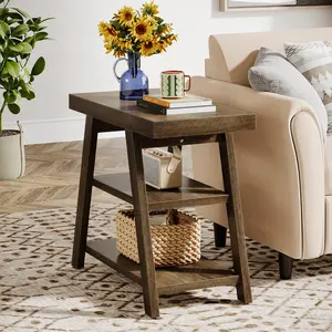 Tribesigns End Table for Living Room, 3-Tier Narrow Sofa Side Table with Storage Shelf, Rustic Brown, Farmhouse Small Wood Design Furniture Home