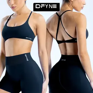 DFYNE Seamless High Stretch Knotted Open Back Halter Sports Bra Yoga Fitness Push Up Anti-Slip Tank Top