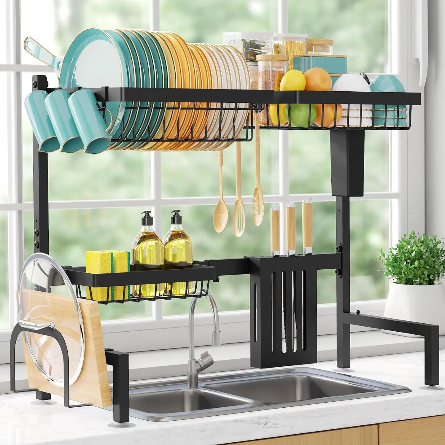Black 2-Tier Stainless Steel Over-The-Sink Dish Drying Rack - Metal Kitchen Organizer with Adjustable Rectangle Body, Draining Boards, Freestanding Design, Cutlery & Utensil Holders (30"-33.9" L x 11" W x 21.5" H), Flat Metal Draining Boards, Holder Drain