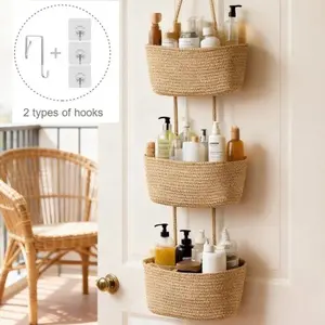 1set Hanging Basket, 3-Tier Wall Baskets, Over the Door Organizer with2 types of hooks, Hanging Baskets for Organizing, Woven Storage Basket Behind the Door for Nursery, Bedroom, Living Room, Kitchen