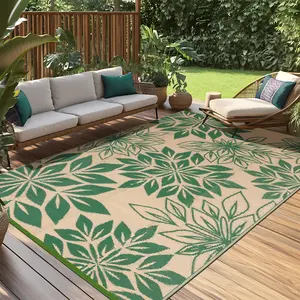 Geanup Floral Outdoor Patio Rug Waterproof, Reversible Plastic Straw Picnic Rugs for RV Camping, Foldable Indoor Outdoor Carpet Mat for Deck Backyard Beach Porch