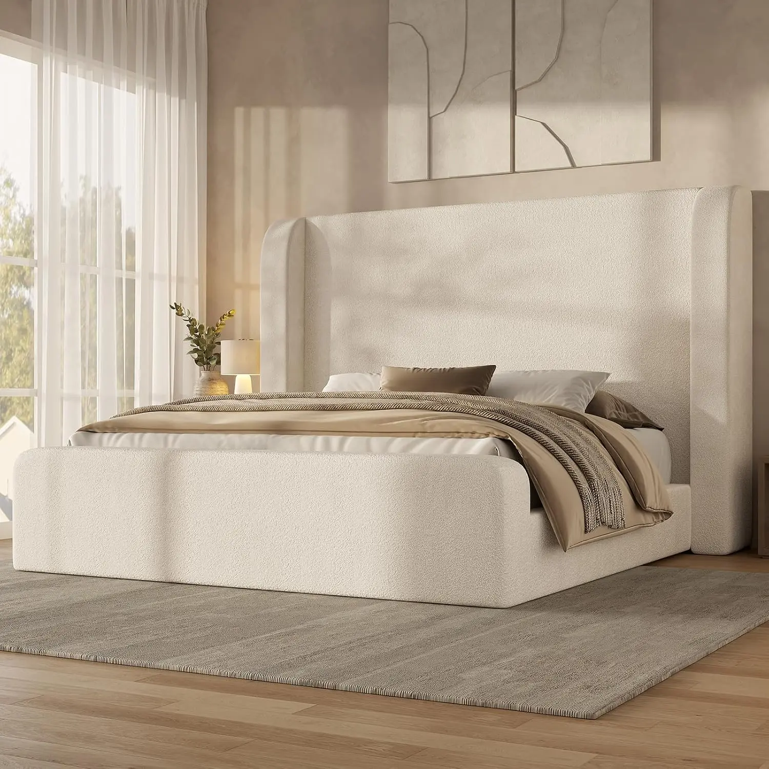 ADORNEVE Metal California King Cloud Bed Frame with 49.2" Tall Modern Upholstered Headboard, 5" Non-Toxic CertiPUR-US Foam Full Cushioning Platform Bed, Rounded Corners for Master Bedroom, Quick Setup, Cloud Bed Frames