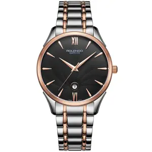 Classic Minimal Two-Tone Self-Winding Mechanical Watch, Guilloché Wave Black Dial XII & VI Roman Numerals Polished Rose Gold Baton Hands, Rugged Two-Tone Steel Band Shock Resistant Office Executive Daily Formal Wristwatch