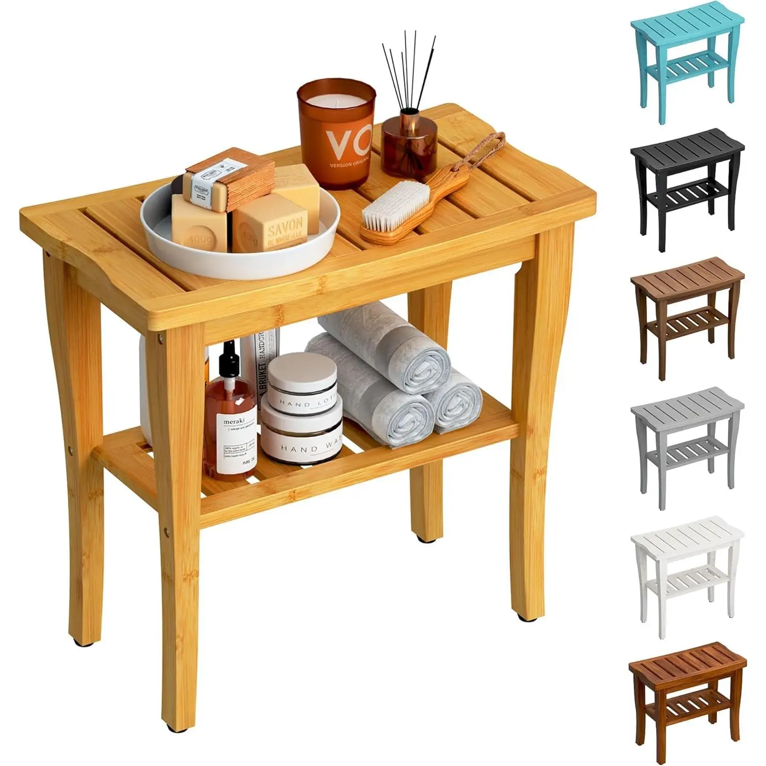 Bamboo shower bench stool with storage shelf, waterproof shower chair spa bath seat for indoor showers, bathroom bench for adults, elderly, and seniors for indoor or outdoor use