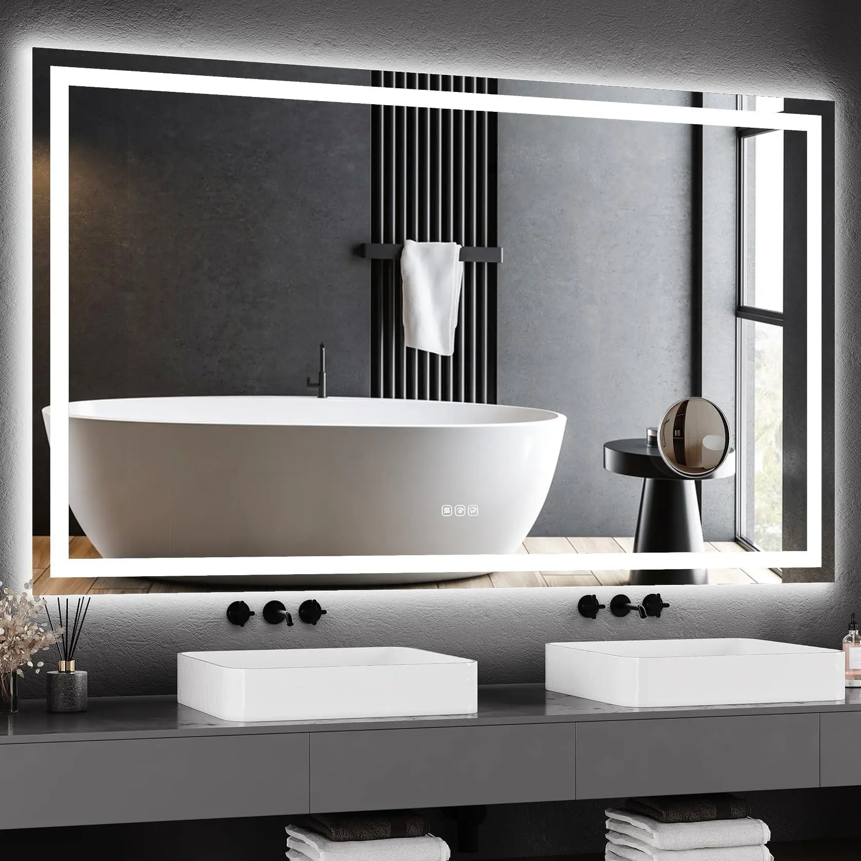 Modern 60x36in Rectangle Wall Mirror - Tempered Glass Smart LED Bathroom Mirror, Double-Lit Dimmable Front & Back Lights, Anti-Fog, Memory Function, Shatter-Resistant, Wall-Mount, Easy Horizontal or Vertical Installation