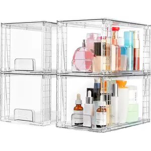 4-Pack Large Stackable Square Silicone Storage Drawer Boxes - Classic Glass-Clear Non-Plastic Rigid Acrylic Organizers for Bathroom, Kitchen Under Sink Use, Multi-Drawer Storage Boxes