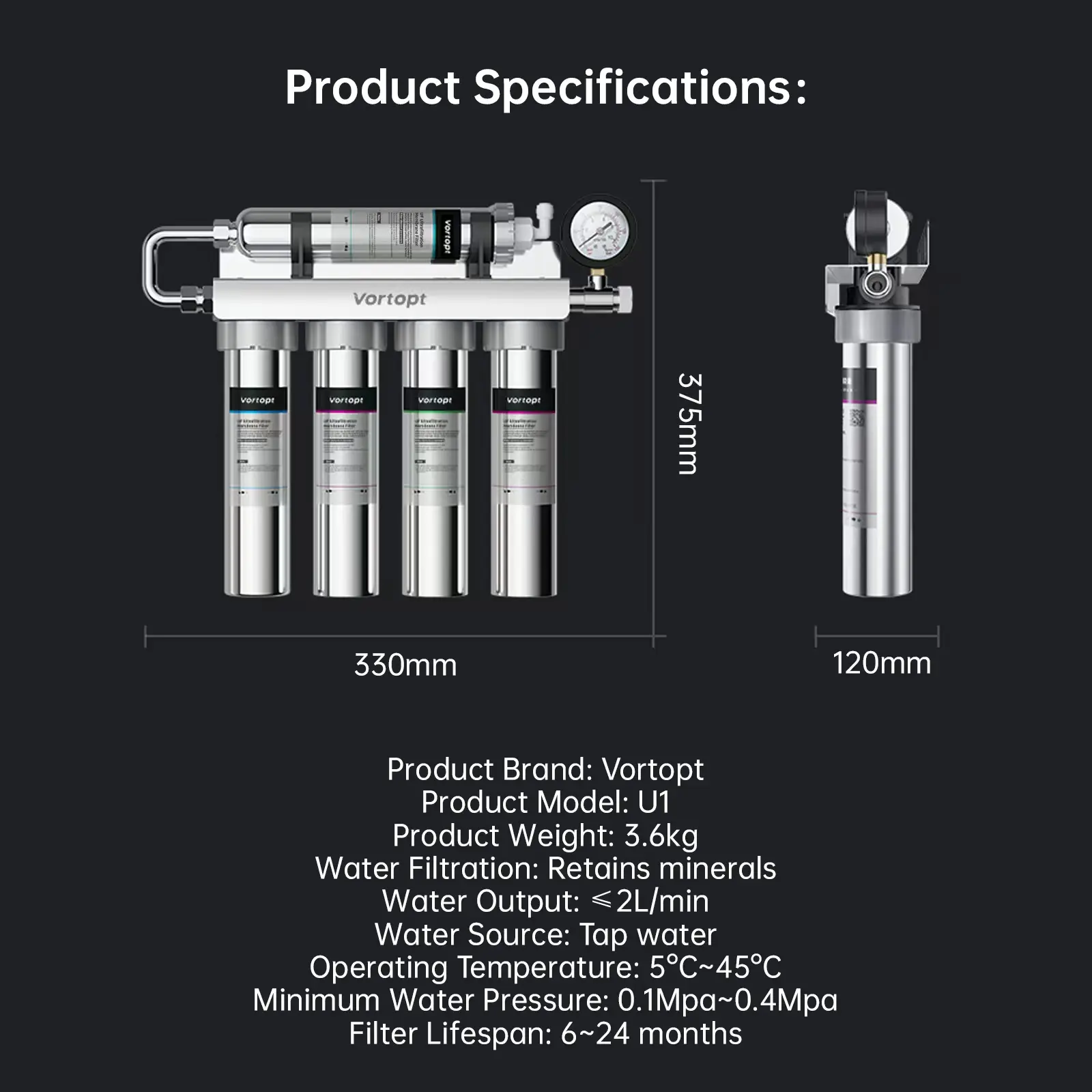 Vortopt Model U1 stainless steel ultrafiltration water purifier, 5-stage water filtration system, reduce heavy metals,bad taste and odors, real-time water pressure monitoring filtration