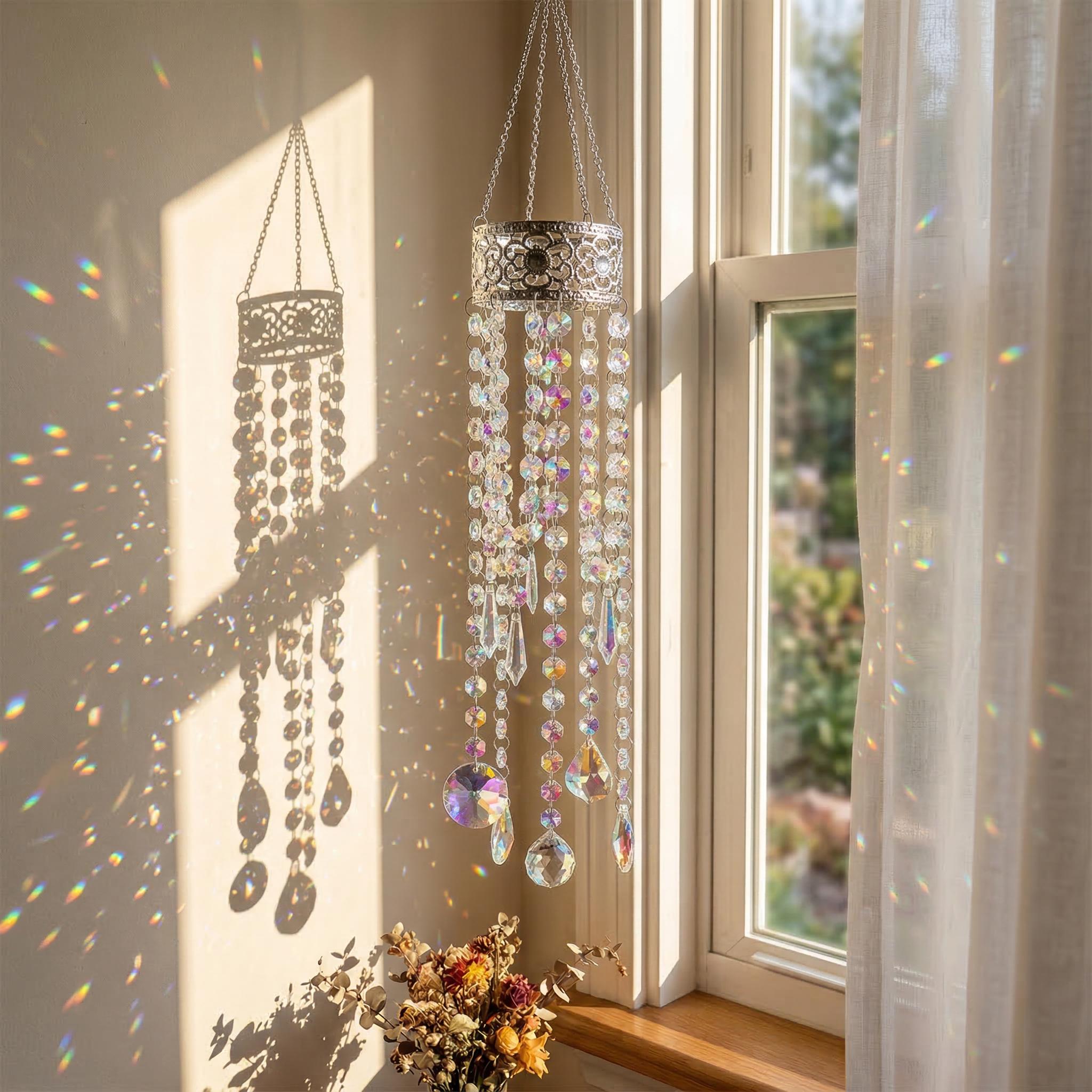 Crystal Sun Catcher with Silver flower Crown – Rainbow Maker Prism Decor, Handmade , Indoor Windows ,  french doors Durable Gift for Home Garden Wedding Blessings glass suncatcher wall art great gardening unique large memorial wind chime