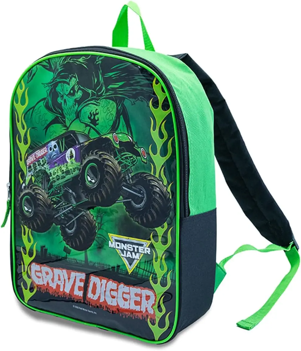Monster Jam Backpack - Grave Digger Monster Truck Backpack for Boys | Kids Backpack & Book Bag for School & Travel with Padded Straps, Roomy Zip Compartment & Top Handle