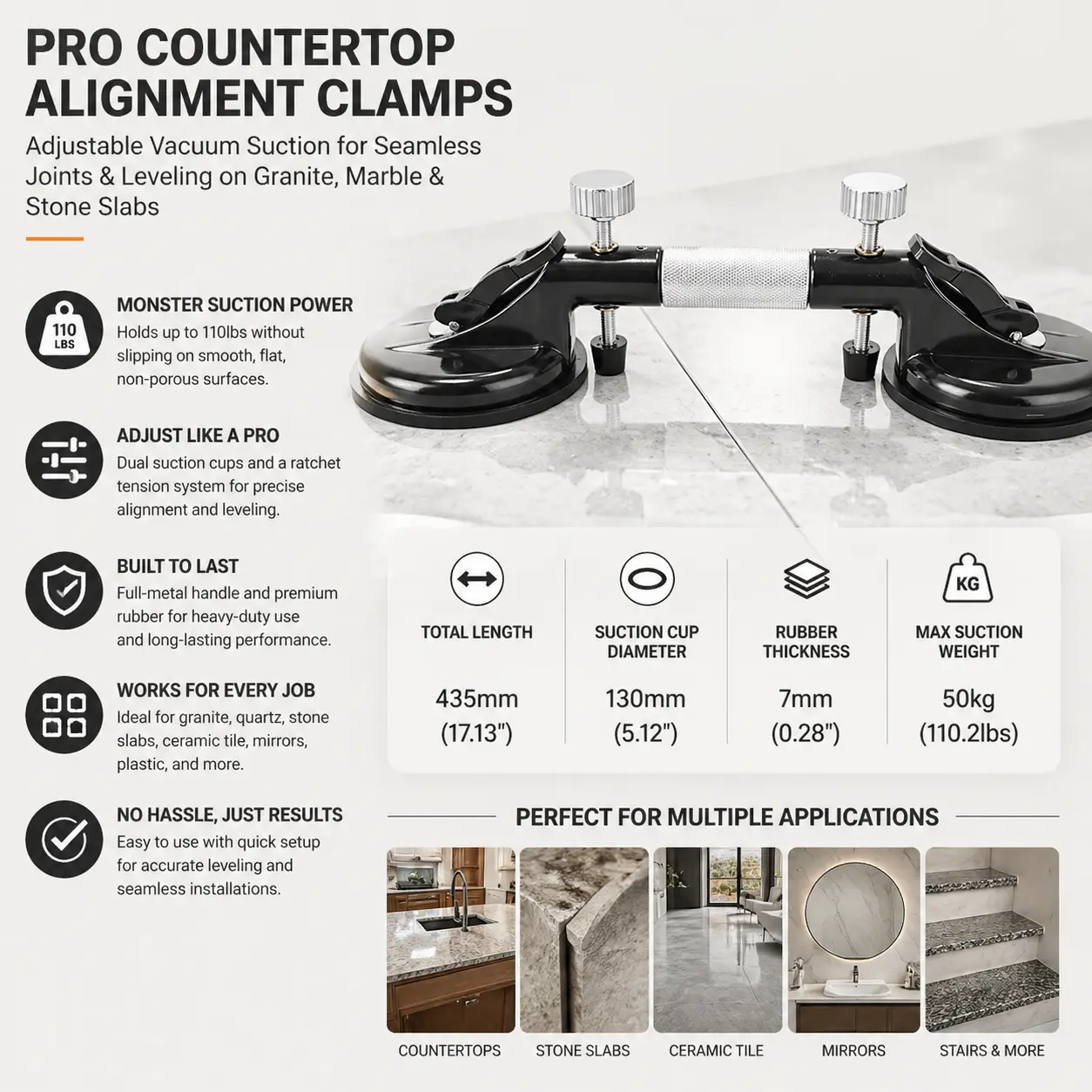 Adjustable Joint Aligner for Laminate Floors & Countertops – Granite Panel Setter with Vacuum Suction Cups – For Granite, Marble, Natural Stone, Panel Material, and Glass