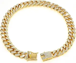 Gold Dog Chain Diamond Collar Walking Metal Chain Necklace with Secure Buckle Pet Cuban Style Collar Jewelry Accessories for Small Medium Large Dog Cats bows