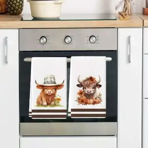 2Pcs Kitchen Towel Watercolor Floral Highland Cow Country Style Farmhouse Dish Towel Kitchen Dishwashing Hand Towel Suitable for Kitchen Restaurant Dining Tablesoft min towel set for kitchen cow kitchen towel highland cow decor for kitchen cow towels set